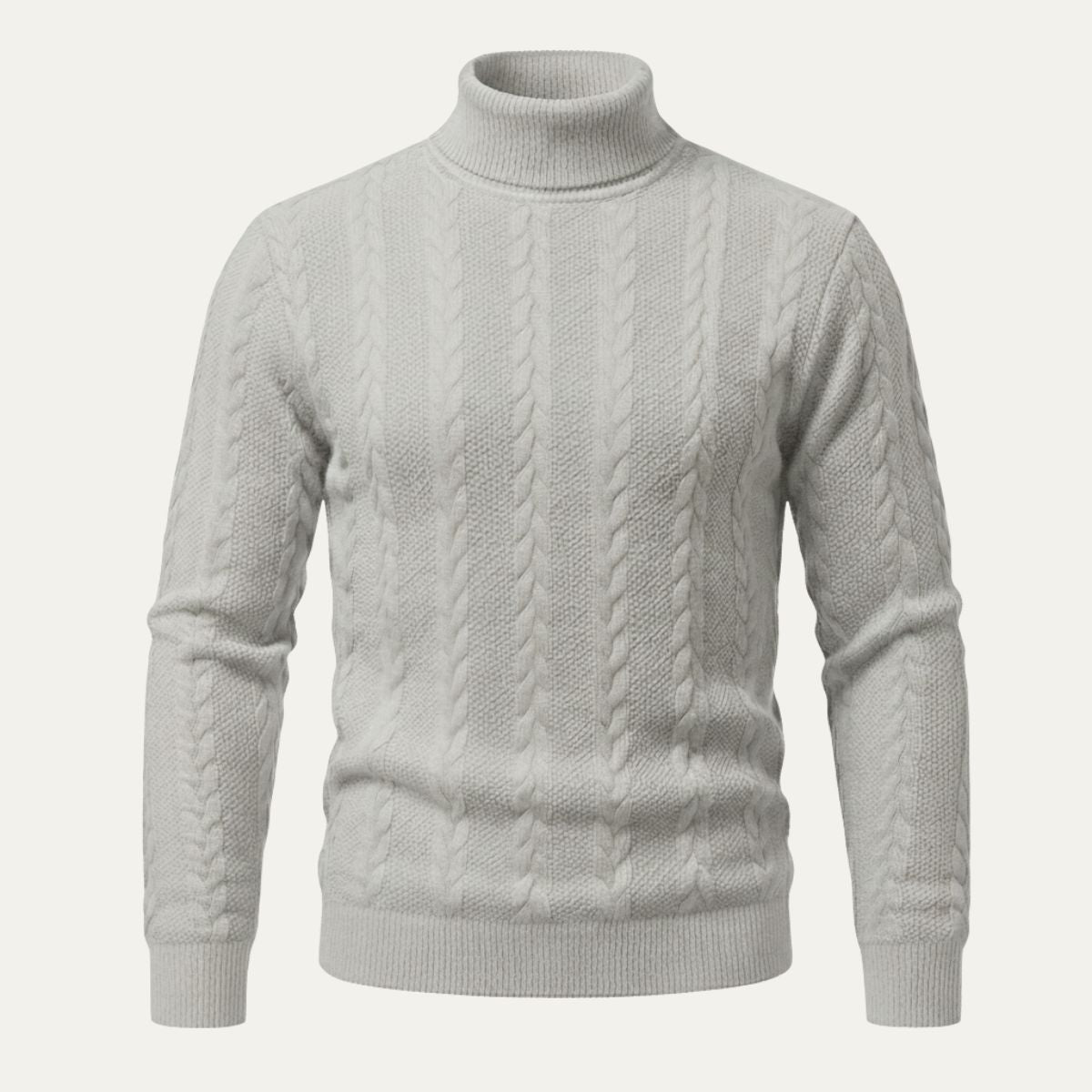 Men's light gray cable knit turtleneck sweater with ribbed cuffs and hem