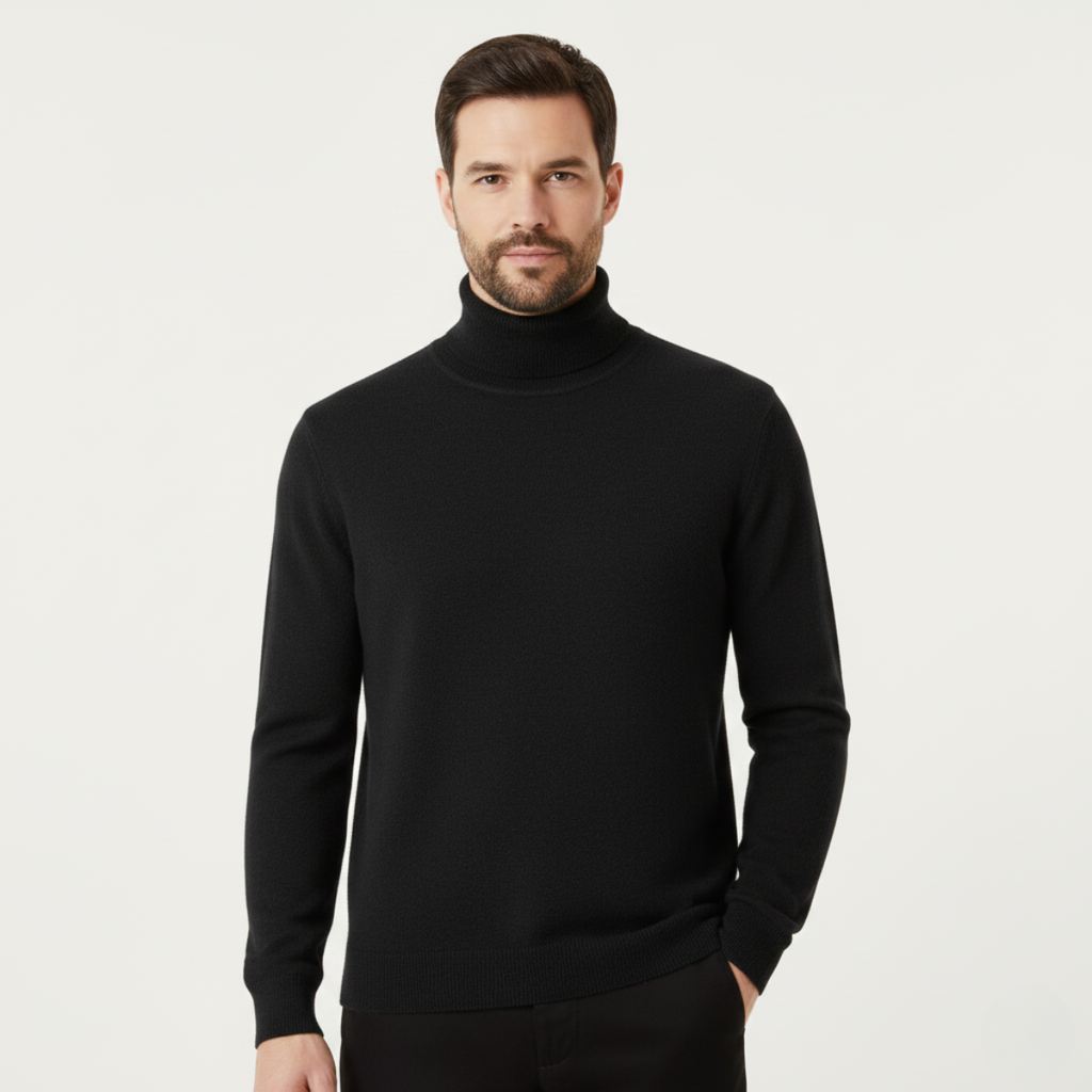 Black men's turtleneck sweater, full front view, long sleeves