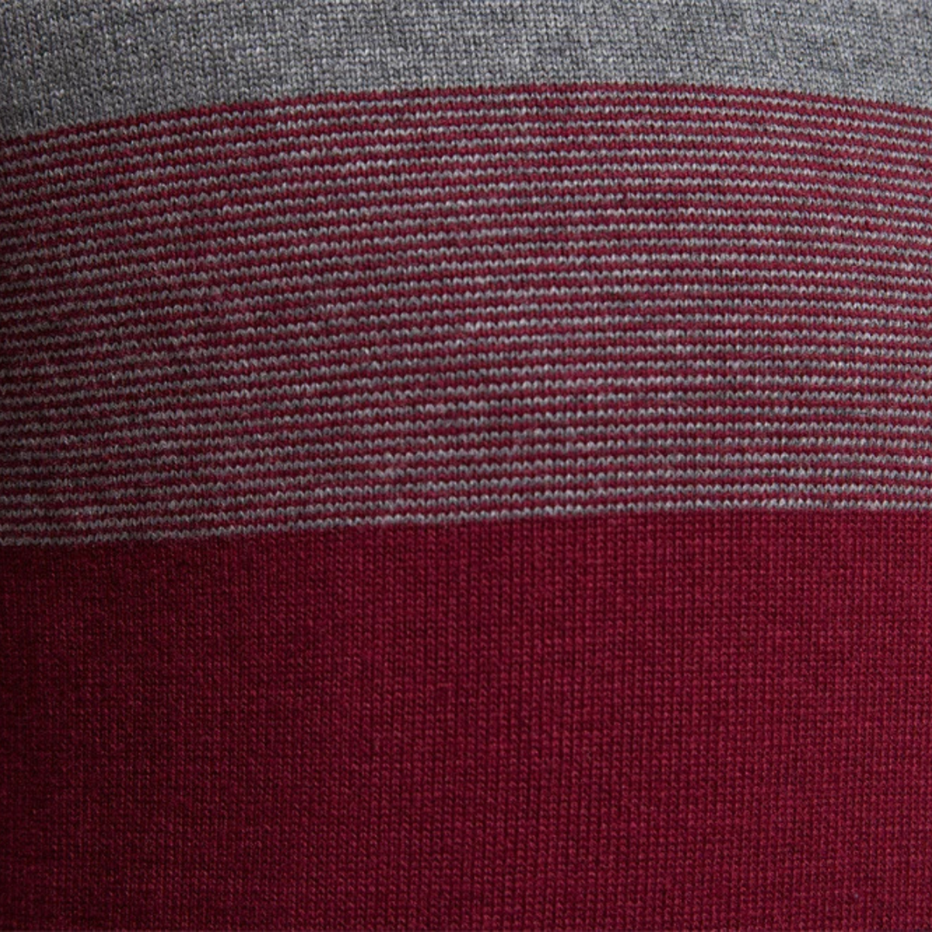 Burgundy knit stripe with gray and dark navy bands on patchwork sweater