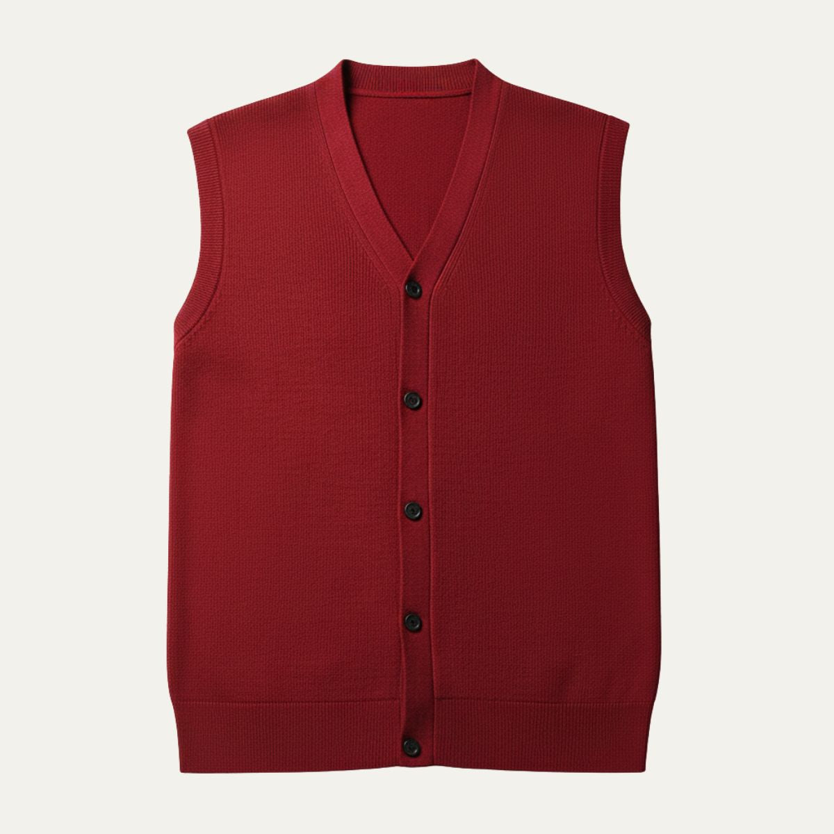 Men’s knit waistcoat sweater vest, burgundy V-neck with button front.