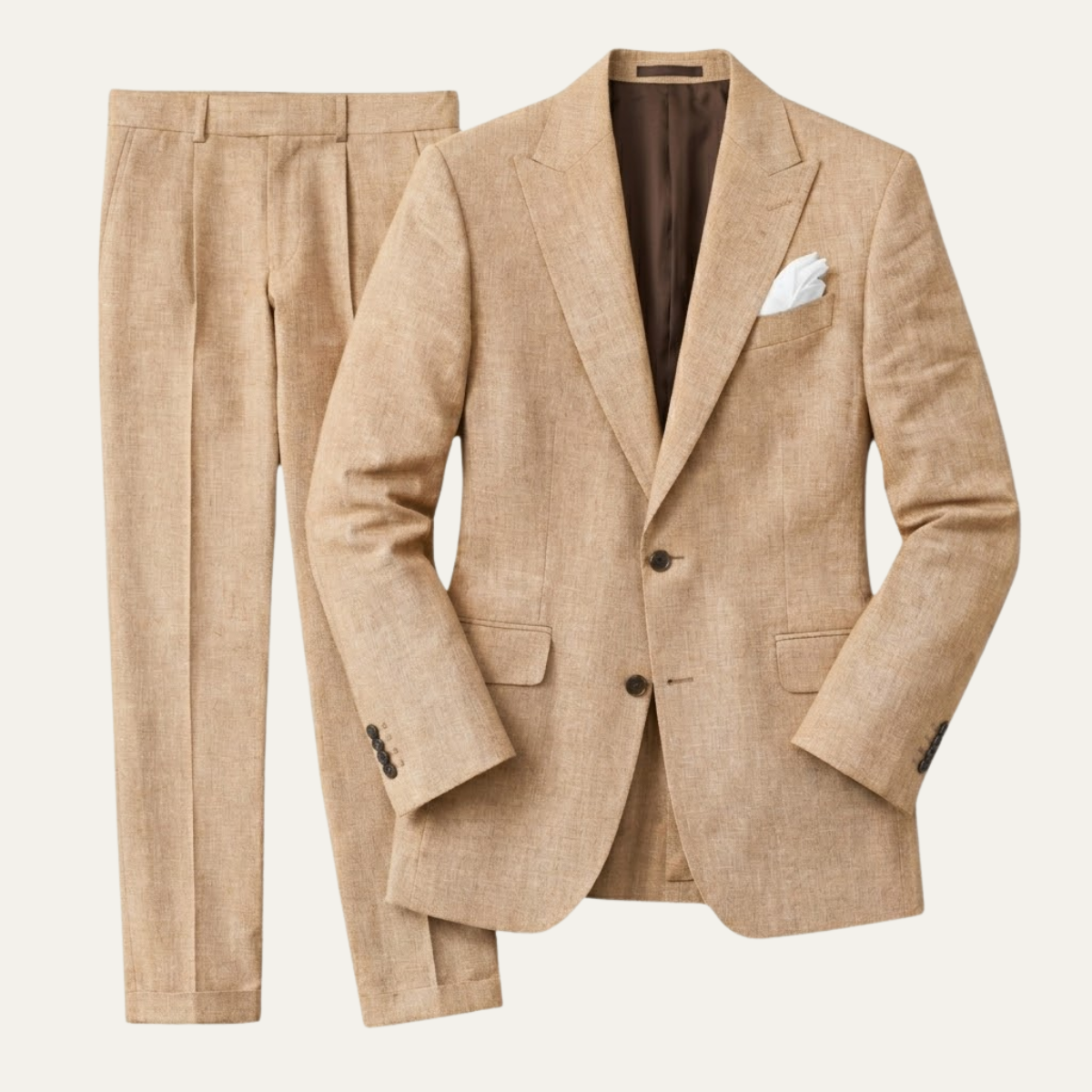 Tan linen slim-fit suit blazer and flat-front pants with white pocket square
