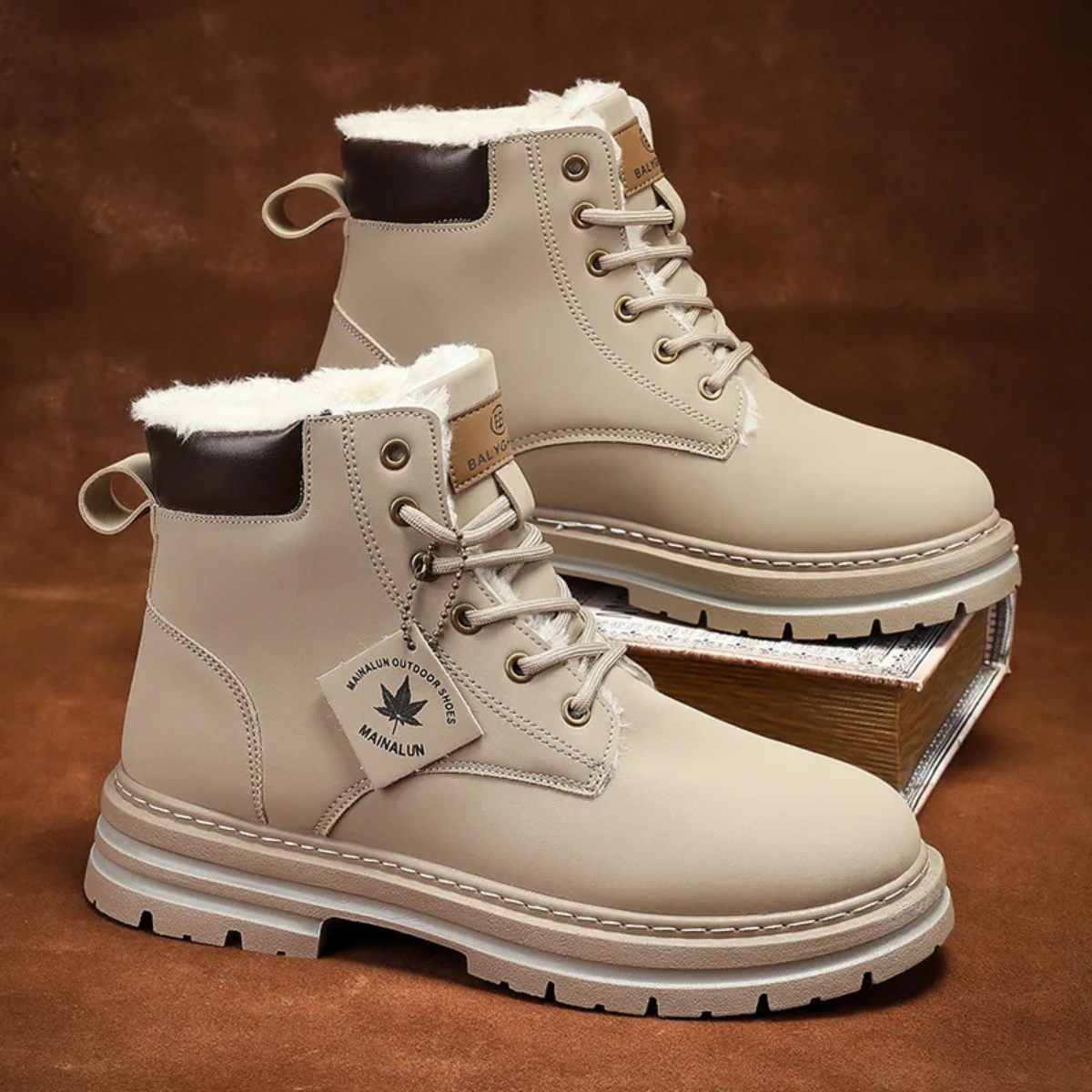 Men's beige fur-lined snow boots with lace-up front, faux-fur trim and lug outsole