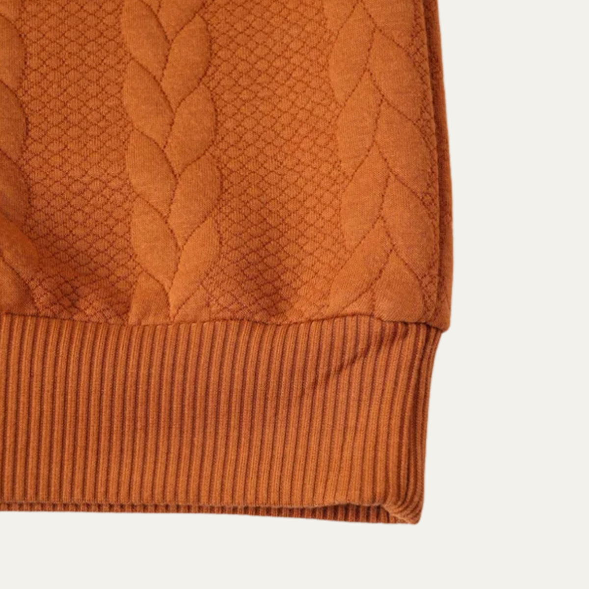 Men's turtleneck sweater hem with ribbed cuffs, rust orange