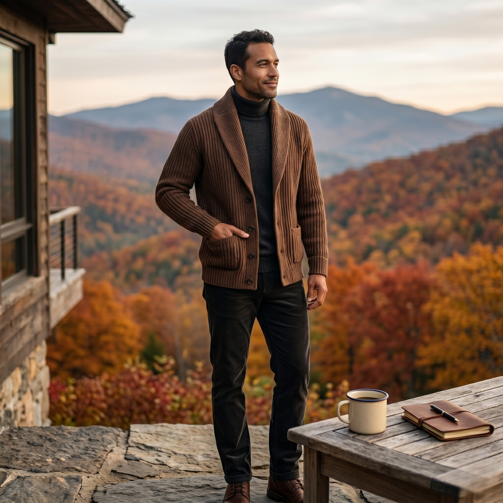Men's chunky knit shawl-collar cardigan, brown, button front with two patch pockets