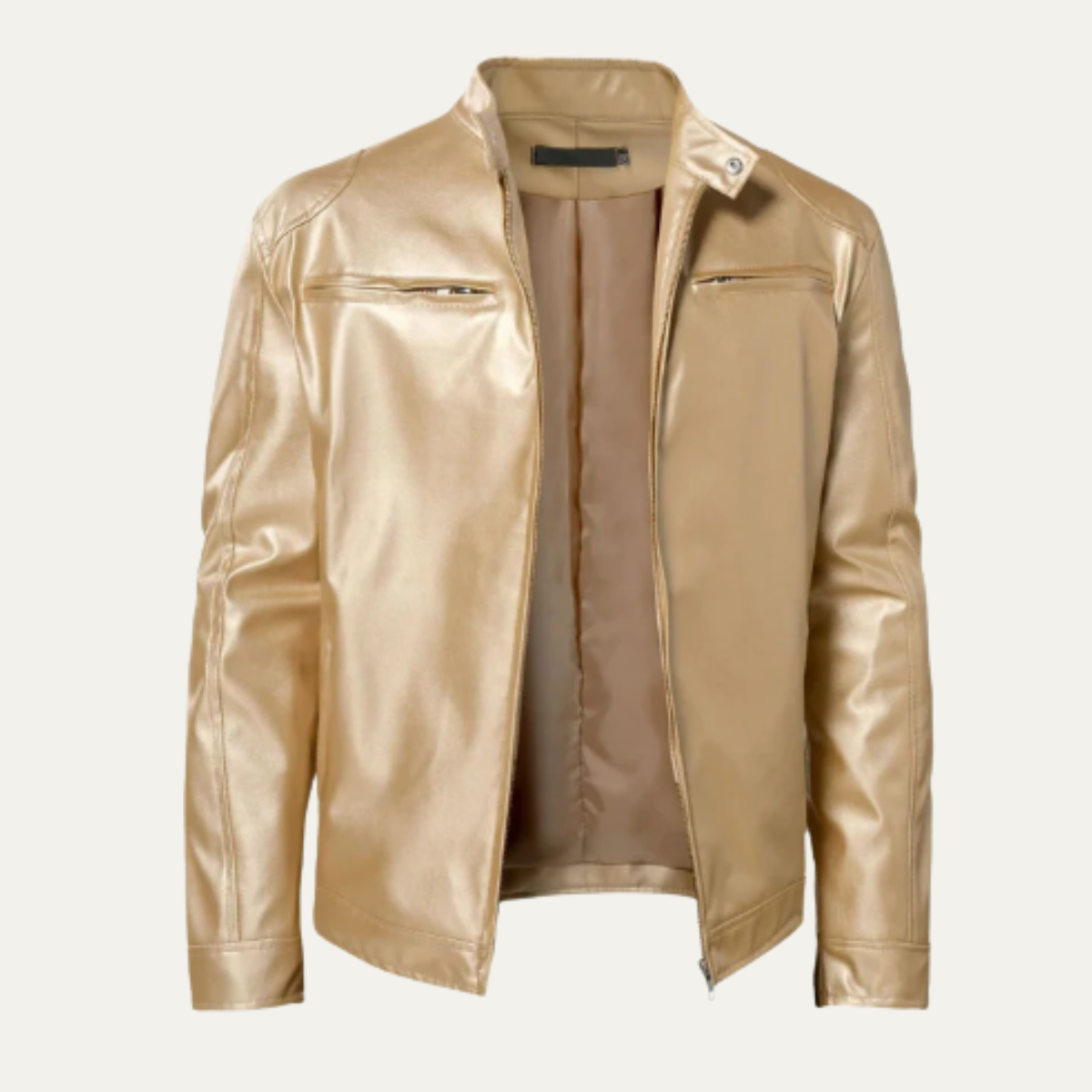 Men's tan leather zip-up jacket with stand collar and two zip chest pockets