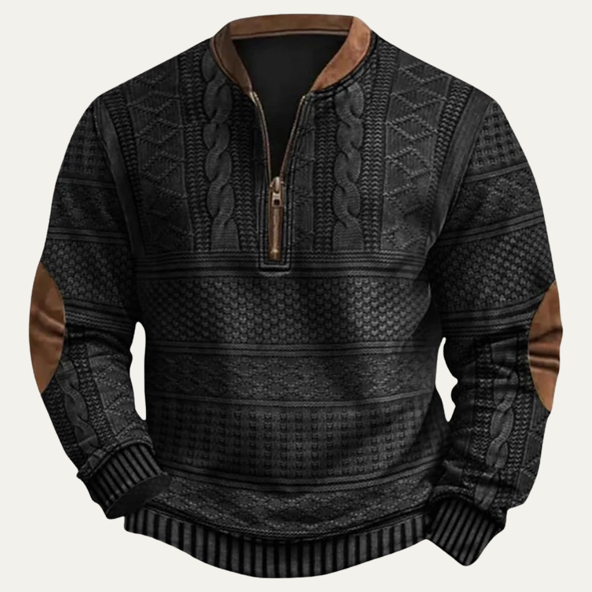 Men's black patterned half-zip sweater with elbow patches, textured stripe and knit details