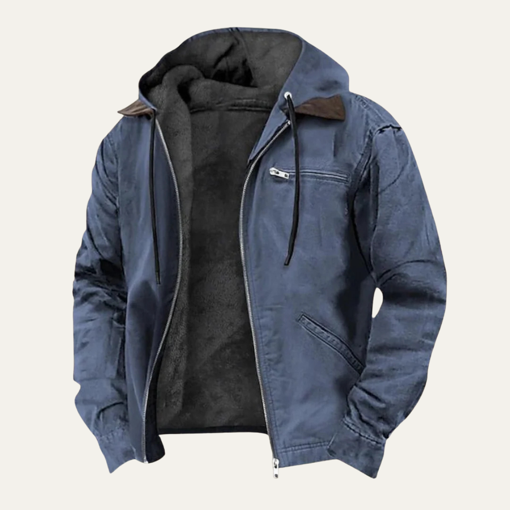 Men’s hooded fleece-lined winter jacket in blue with dark gray lining, zip front and pockets.
