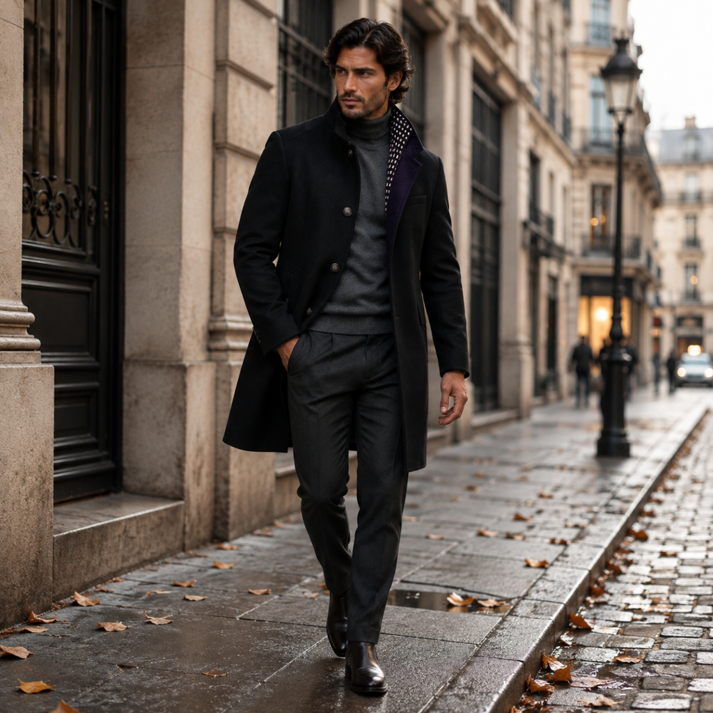 Men's wool coat, black, long double-breasted button-front with inner quilted lining