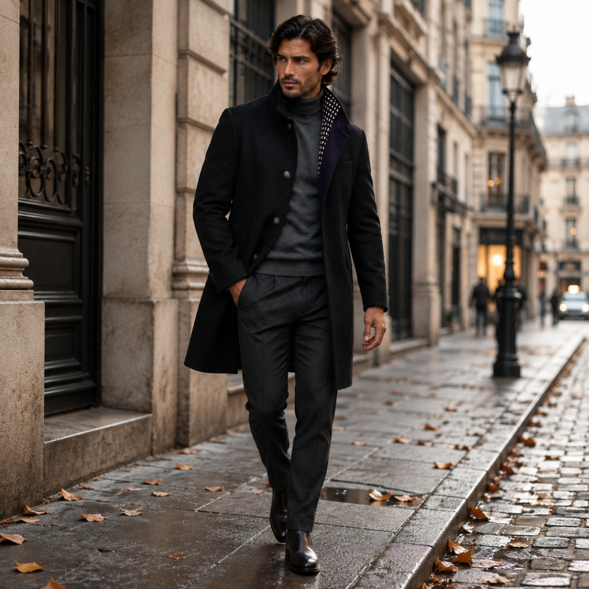 Men's wool coat, black, long double-breasted button-front with inner quilted lining