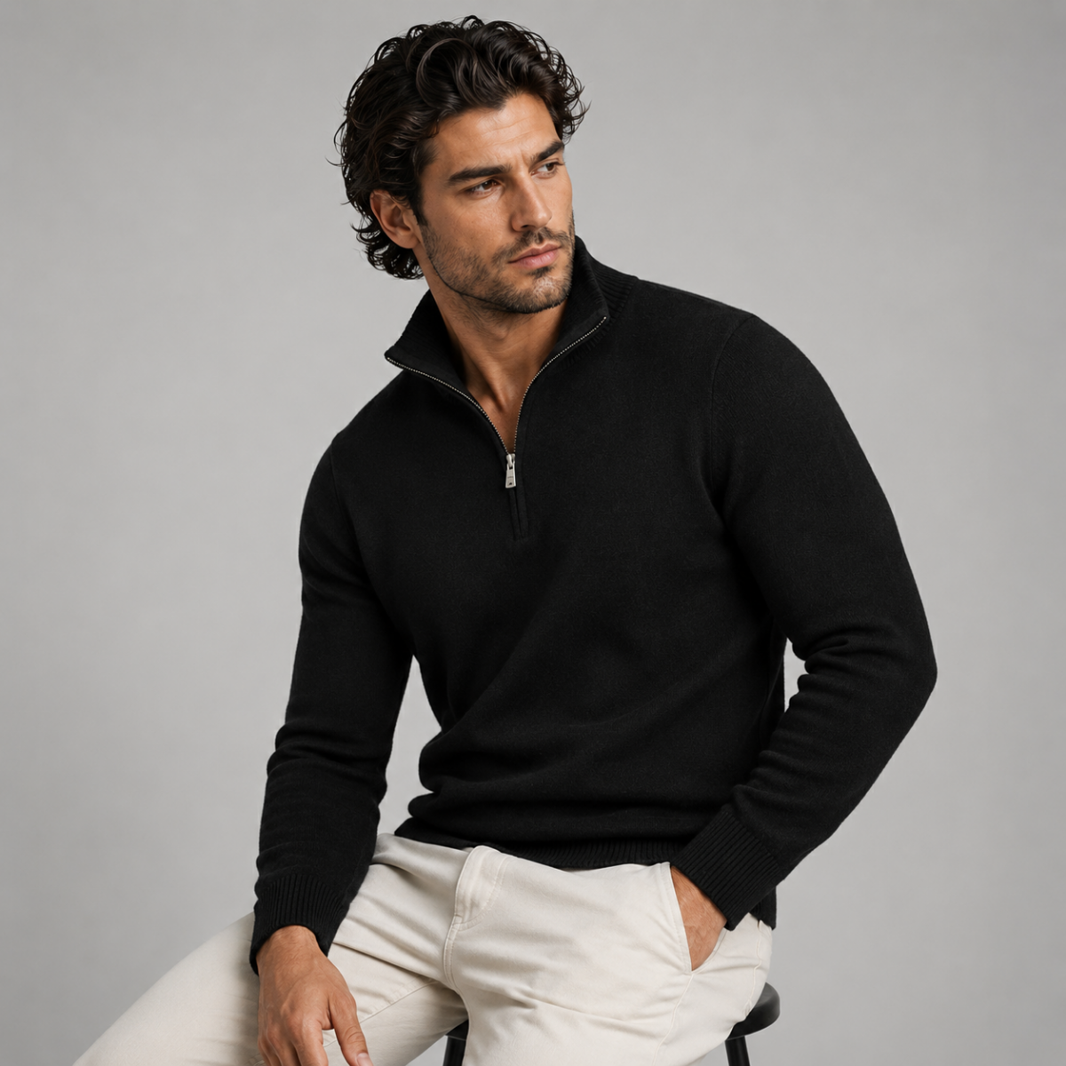 Men's black quarter-zip knit sweater with ribbed cuffs