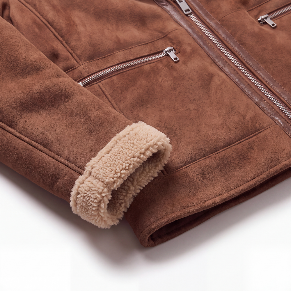 Brown suede sherpa-lined jacket close-up with tan fleece cuff at the hem