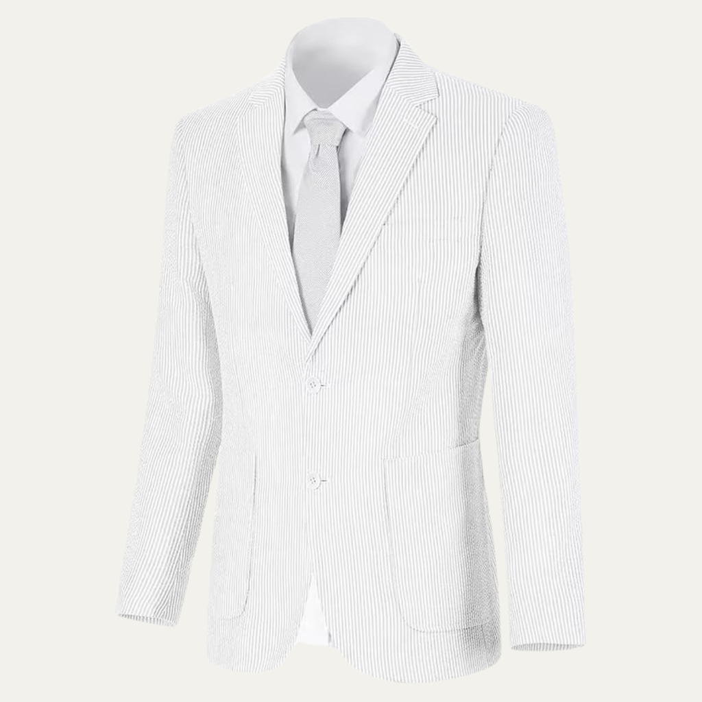 Light gray pinstripe smart blazer with notch lapels, two-button front and welt pockets.
