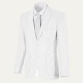 Light gray pinstripe smart blazer with notch lapels, two-button front and welt pockets.