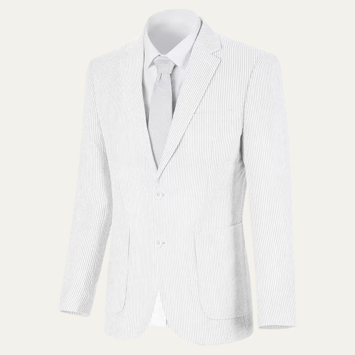 Light gray pinstripe smart blazer with notch lapels, two-button front and welt pockets.