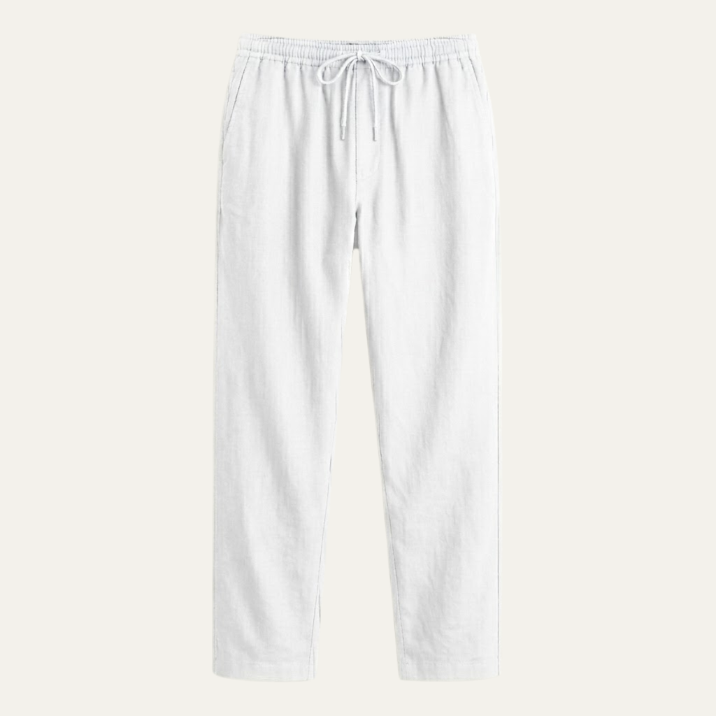 Men's hemp straight-leg pants, white, elastic waistband with drawstring