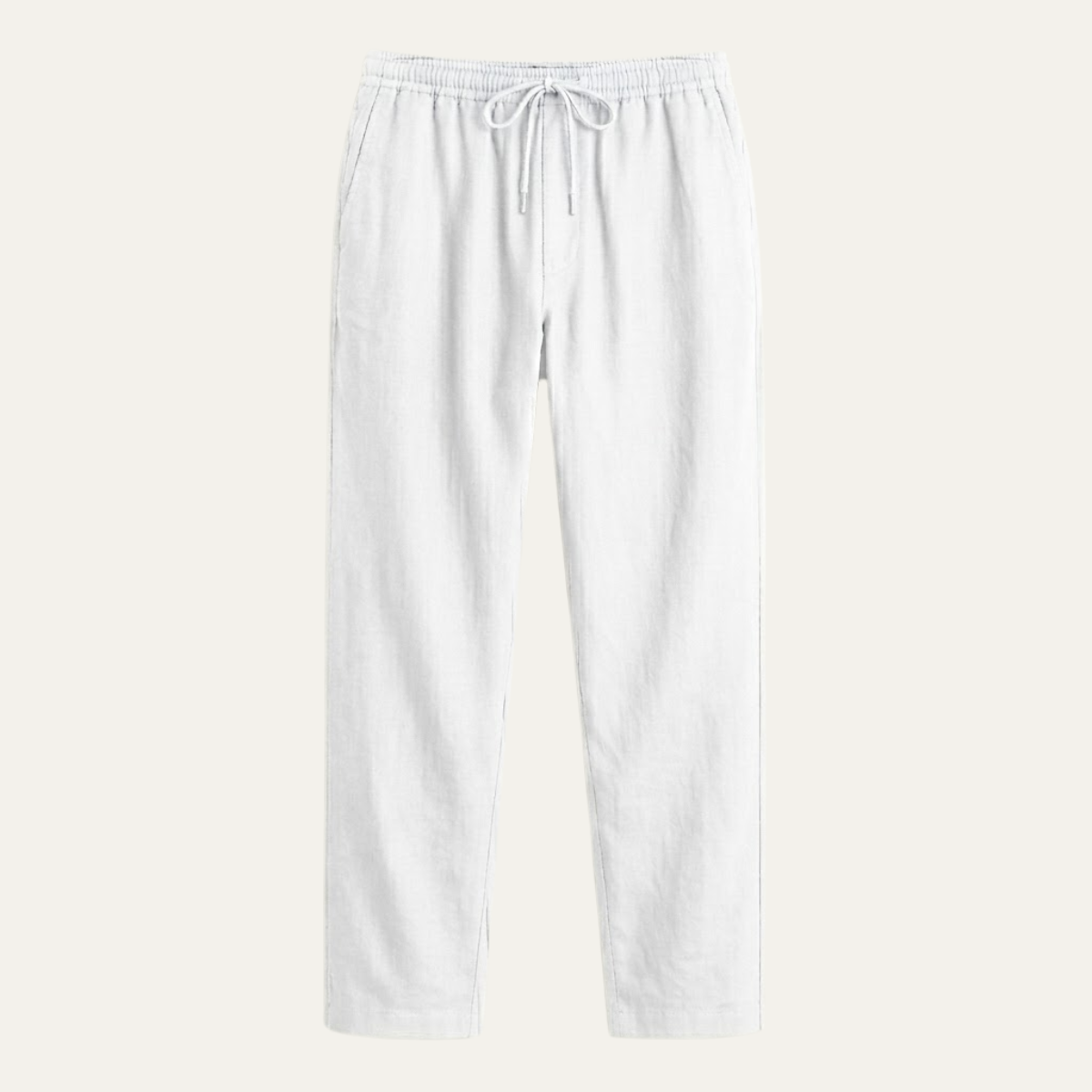 Men's hemp straight-leg pants, white, elastic waistband with drawstring