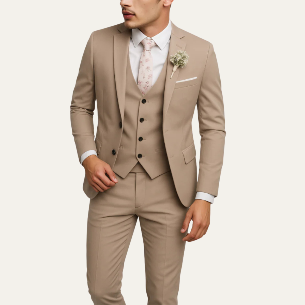 Men's 3-piece slim-fit suit set in khaki with jacket, vest, and matching trousers.