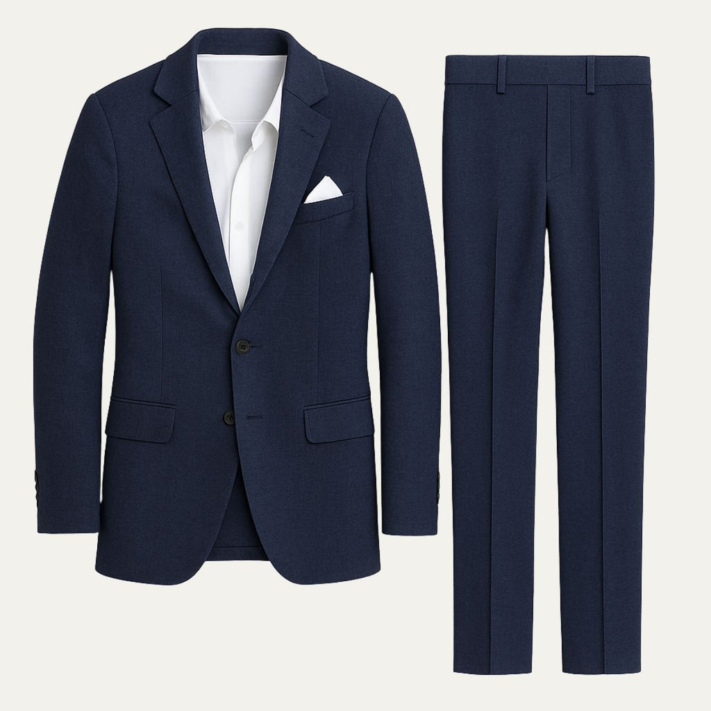 Men's navy linen suit jacket and matching trousers with white dress shirt