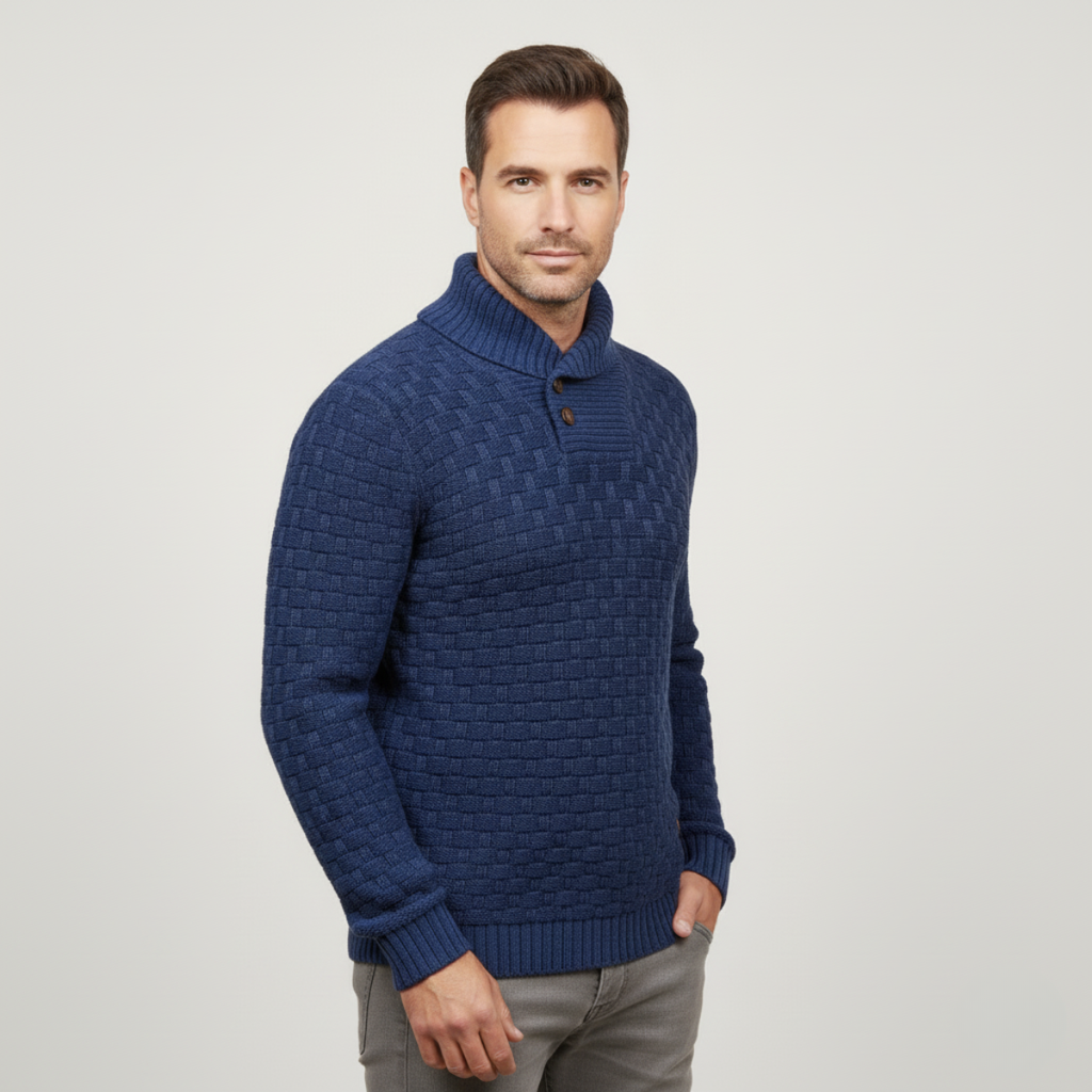Men's blue chunky knit sweater with button placket and high ribbed collar