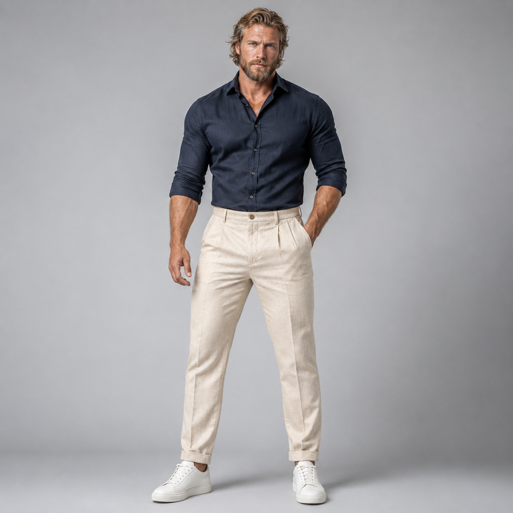 Men's white slim-fit lightweight linen dress pants on model, pleated front, cuffed hem