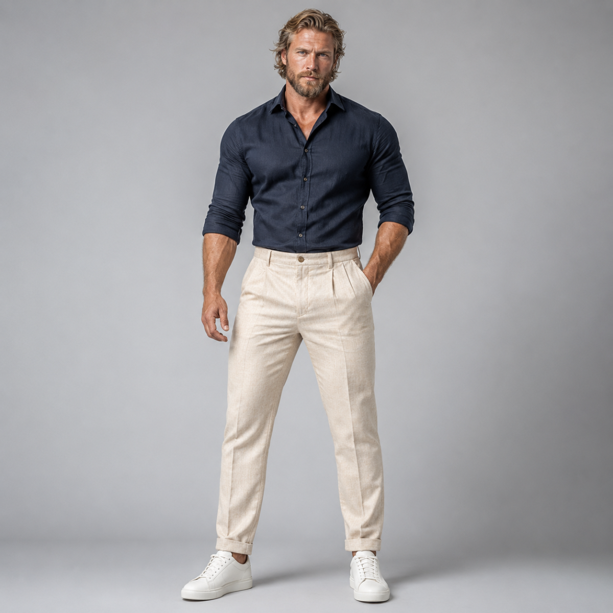 Men's white slim-fit lightweight linen dress pants on model, pleated front, cuffed hem