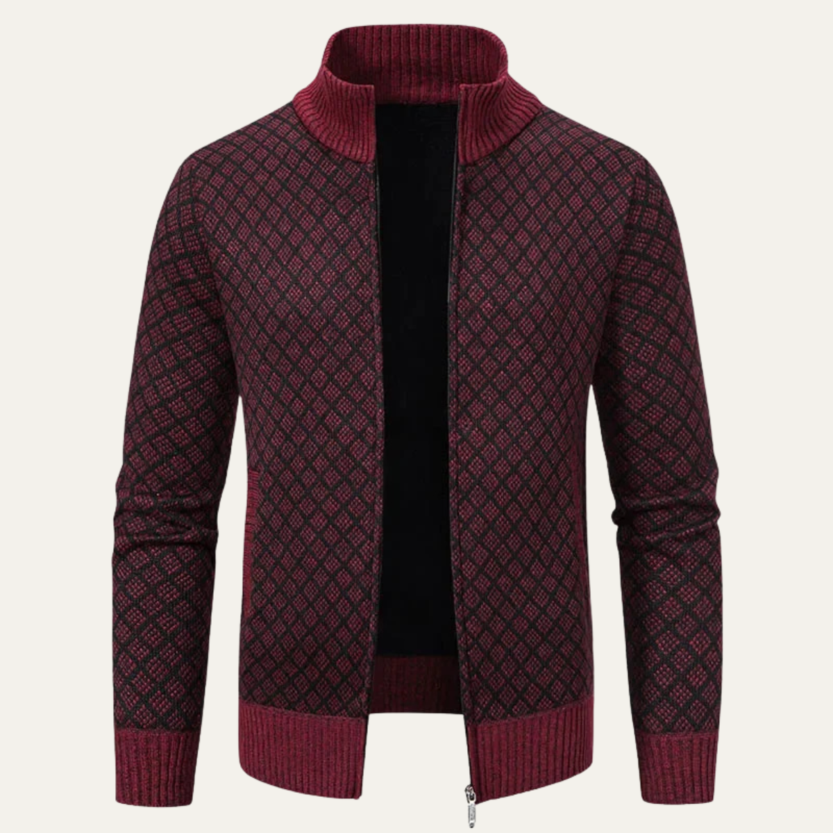 Men's knitted stand-collar zip-up cardigan, burgundy geometric pattern