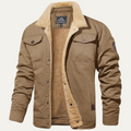 Men's winter coat in brown with tan sherpa fleece lining and button front