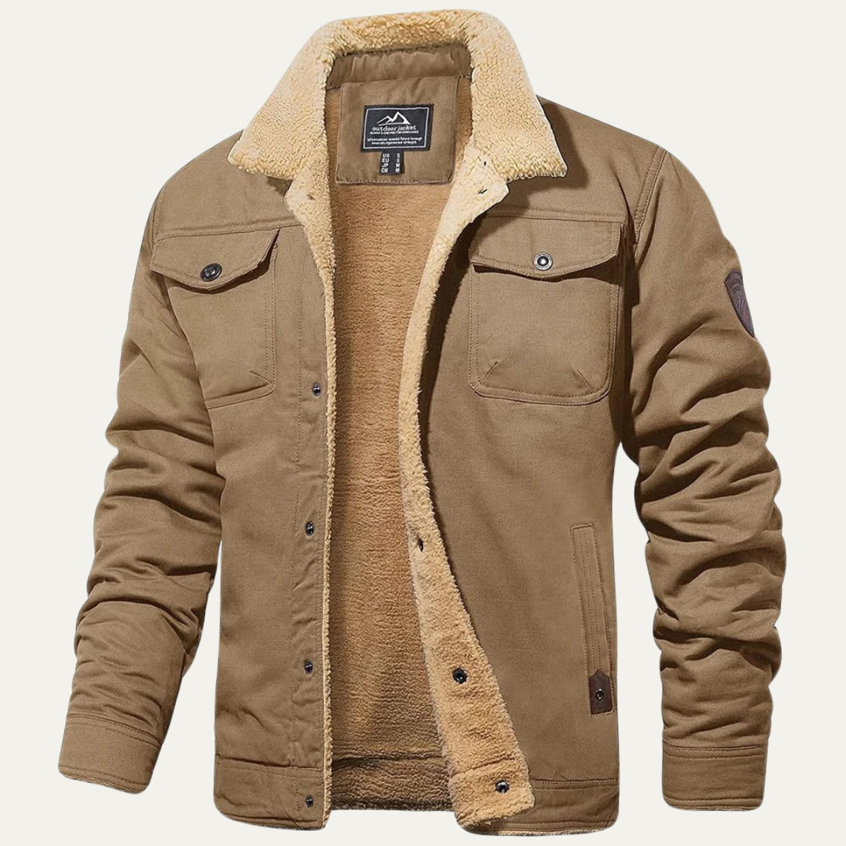Men's winter coat in brown with tan sherpa fleece lining and button front