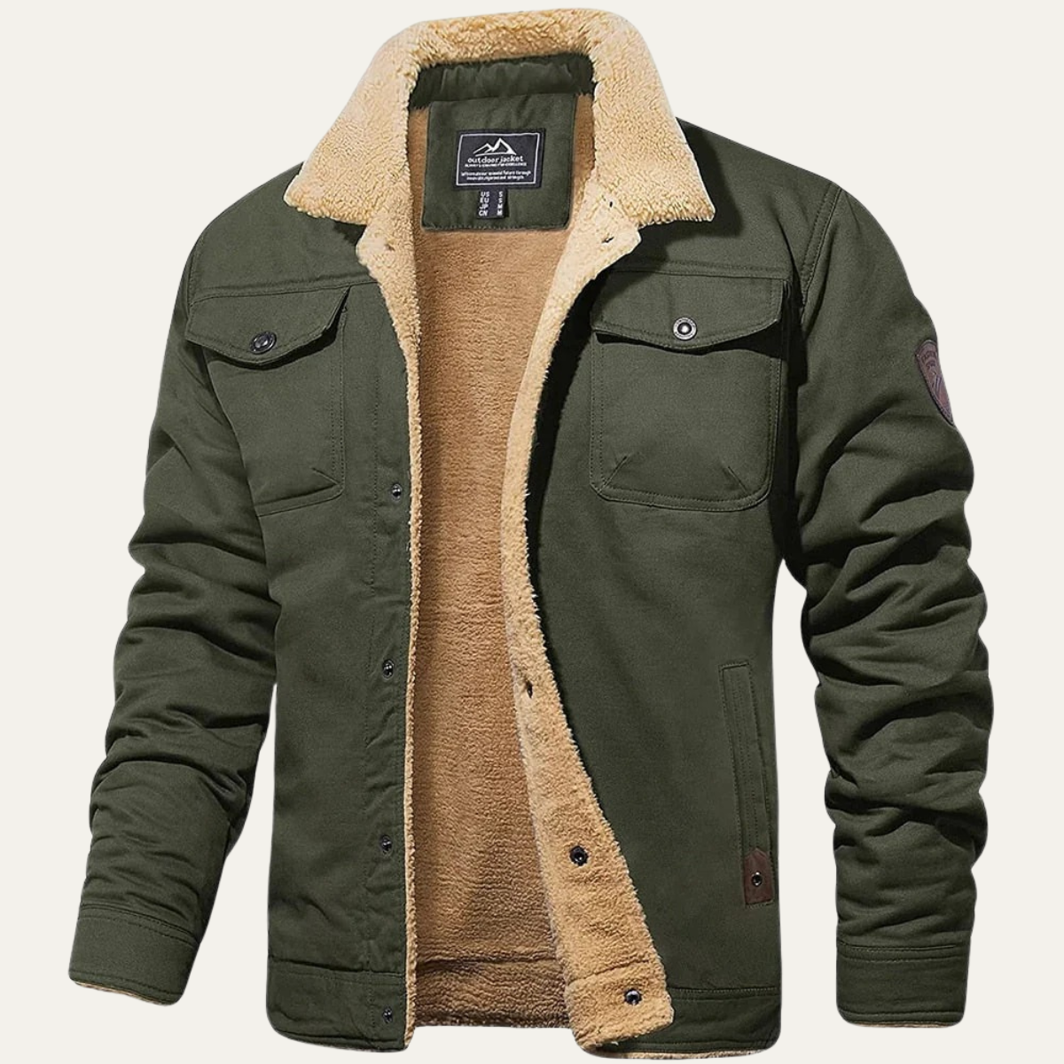 Men's winter coat in olive green with tan sherpa fleece lining and button front