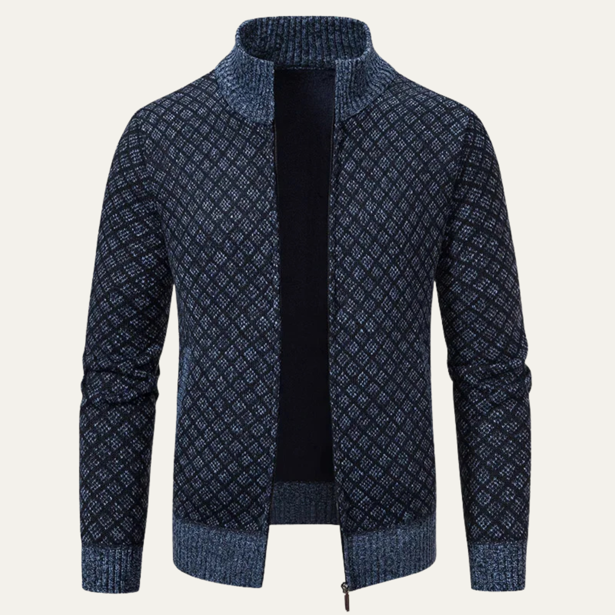 Men's knitted stand-collar zip-up cardigan, blue geometric pattern