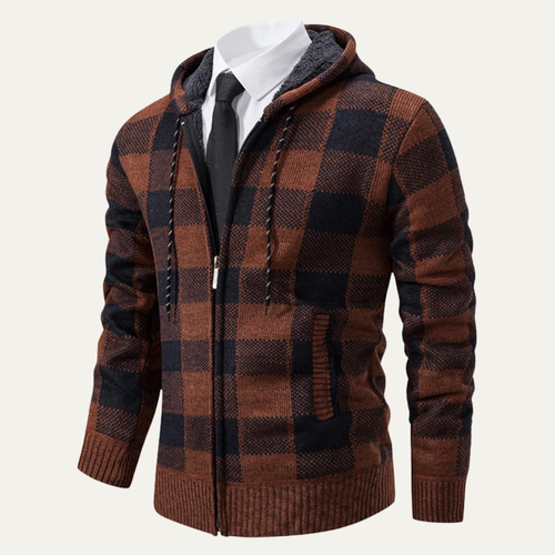 Men’s plaid zip-up hoodie in brown and black, hood with drawstring, front zipper, ribbed hem