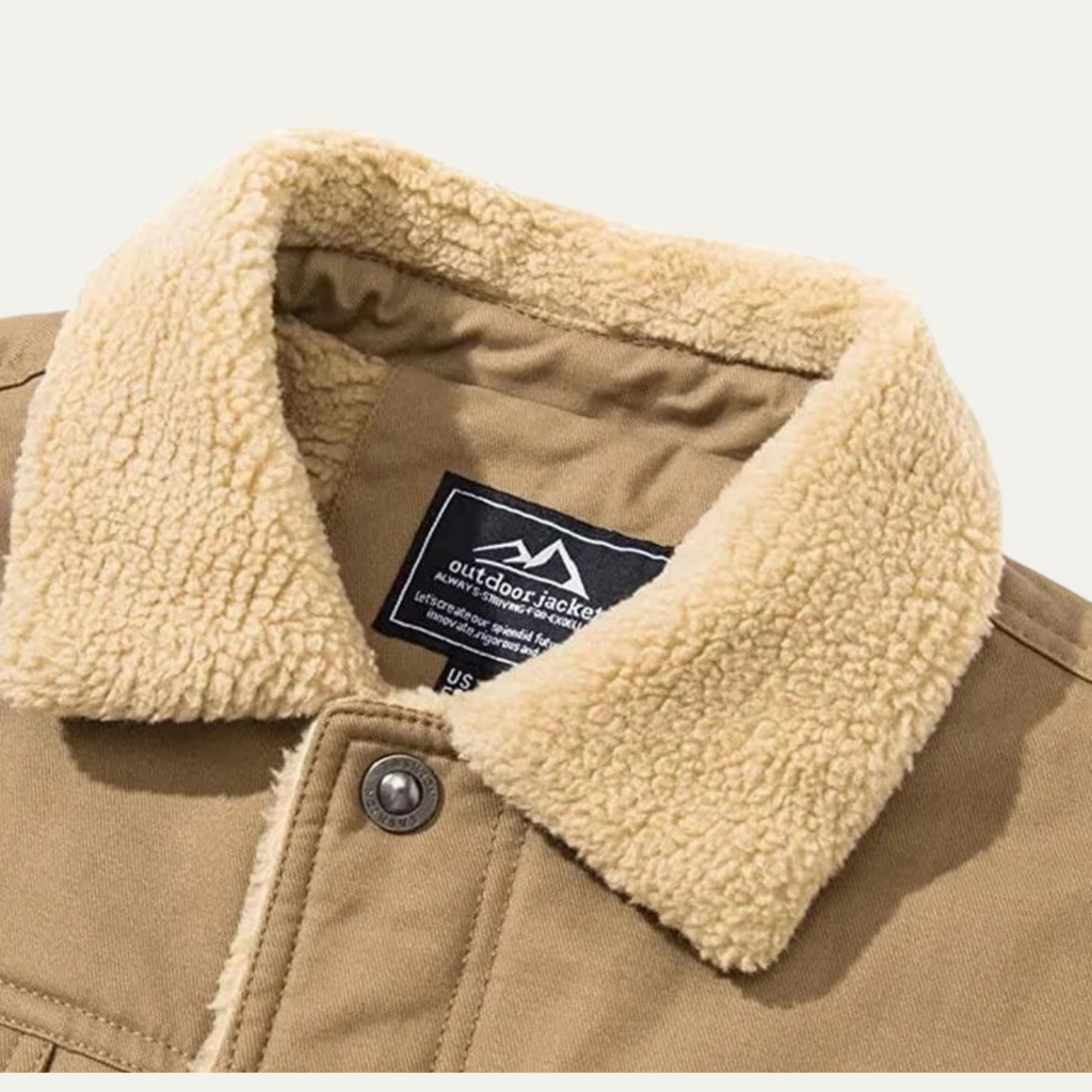 Close-up of sherpa-lined collar and button placket on a tan winter coat