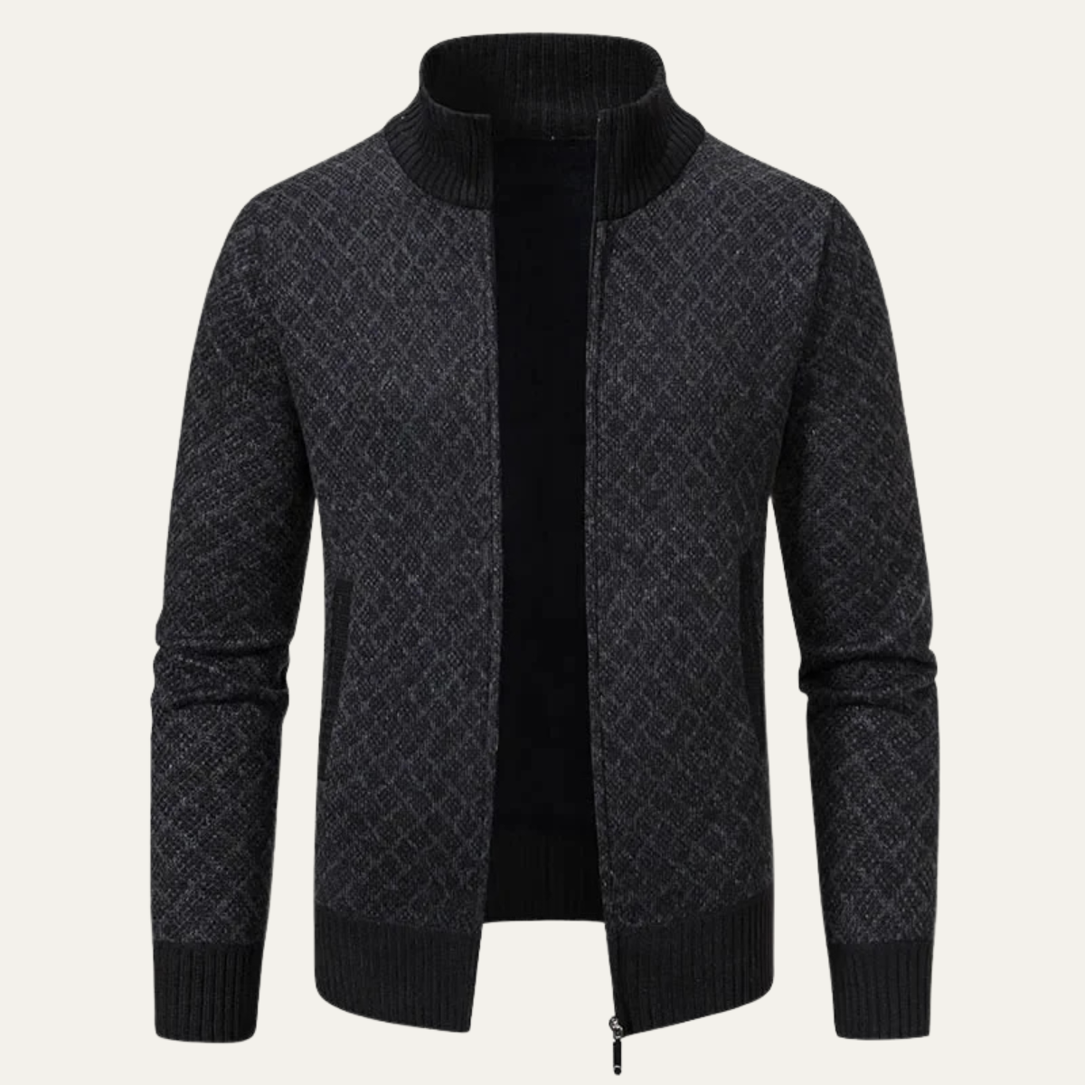 Men's knitted stand-collar zip-up cardigan, dark gray geometric pattern