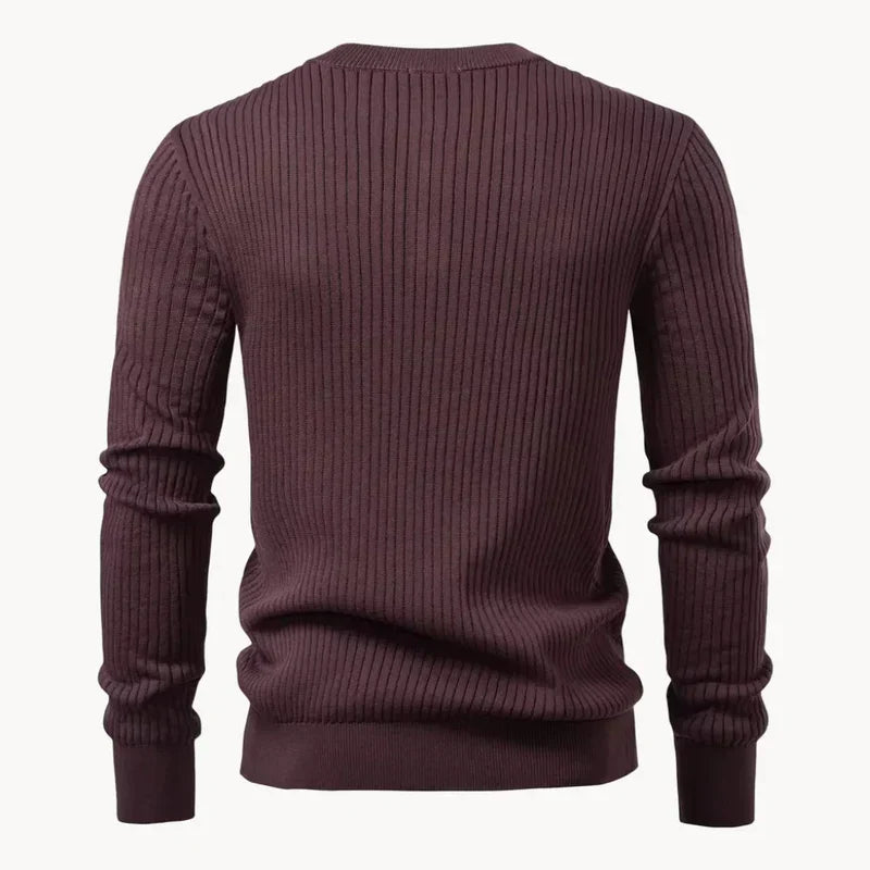 Men's brown ribbed henley knit sweater back view with ribbed long sleeves