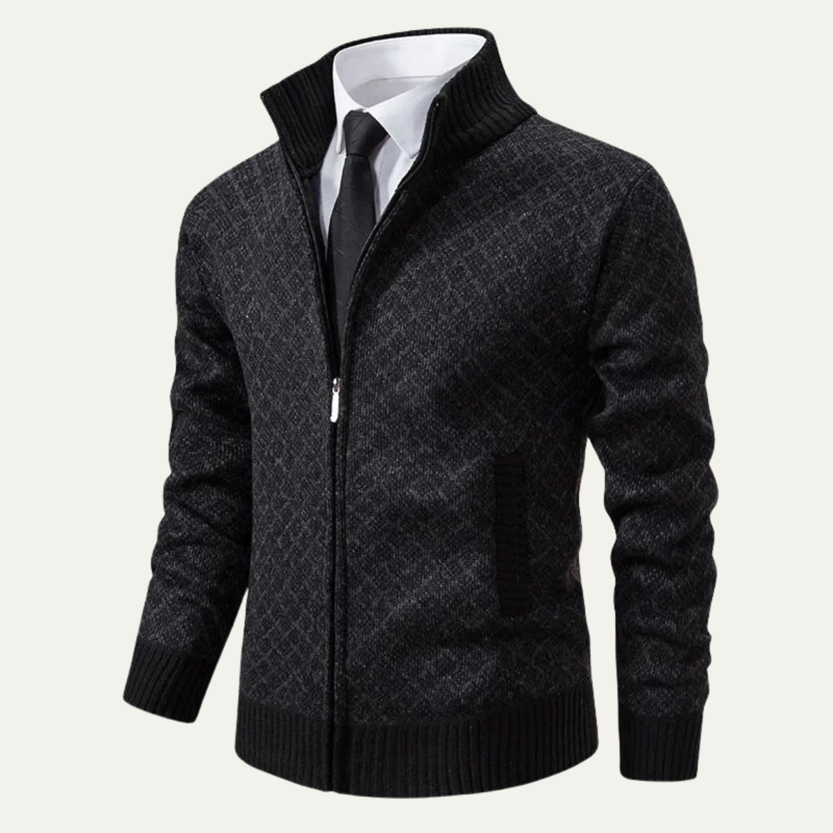 Men's knitted stand-collar zip-up cardigan, dark gray with open stand collar