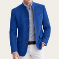 Men's tailored office blazer, blue with notch lapel, chest pocket, button front
