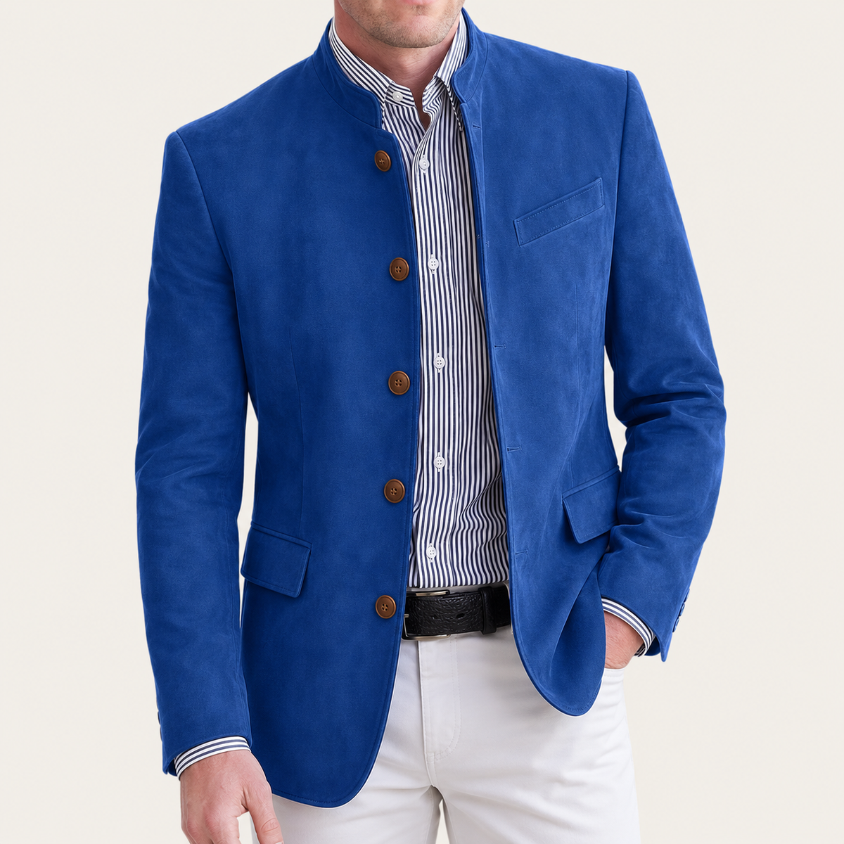 Men's tailored office blazer, blue with notch lapel, chest pocket, button front