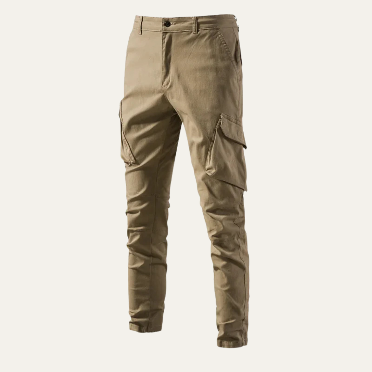 Khaki cargo jogger pants with side cargo pockets and cuffed ankle