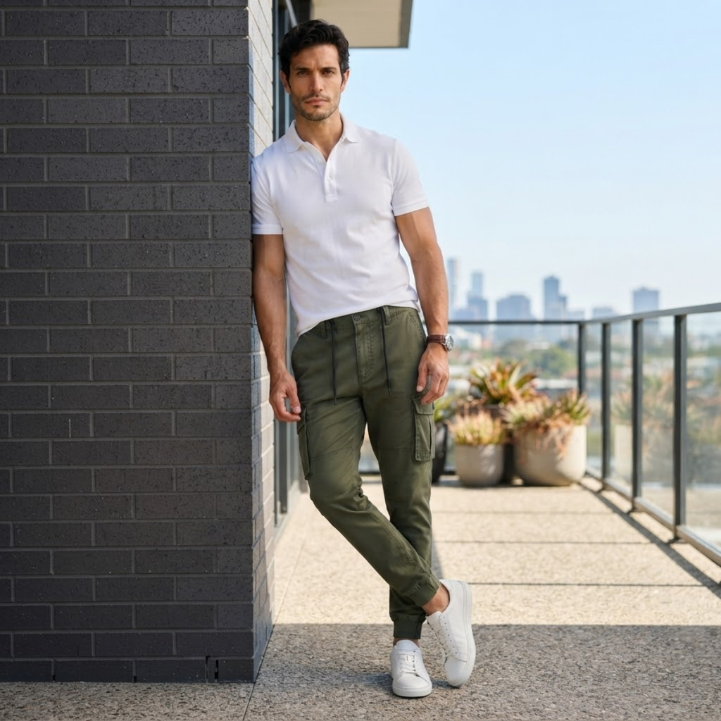 Army green cargo jogger pants with side cargo pockets and ankle cuffs