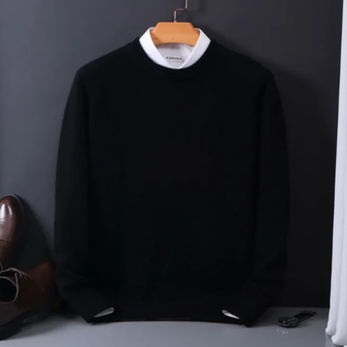 Men’s cashmere crew neck sweater on hanger, long sleeves, black knit