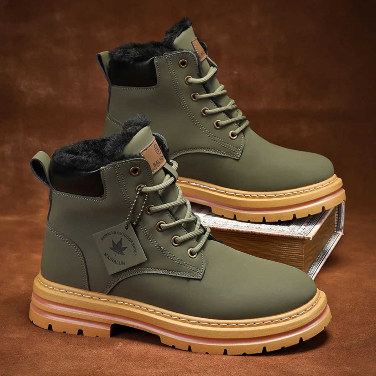 Men’s olive green fur-lined snow boots with black cuffs, lace-up high-top profile