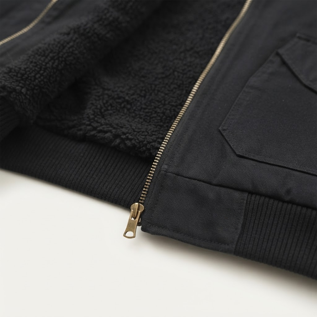 Men's sherpa-lined bomber jacket in black, front zipper and collar lining detail