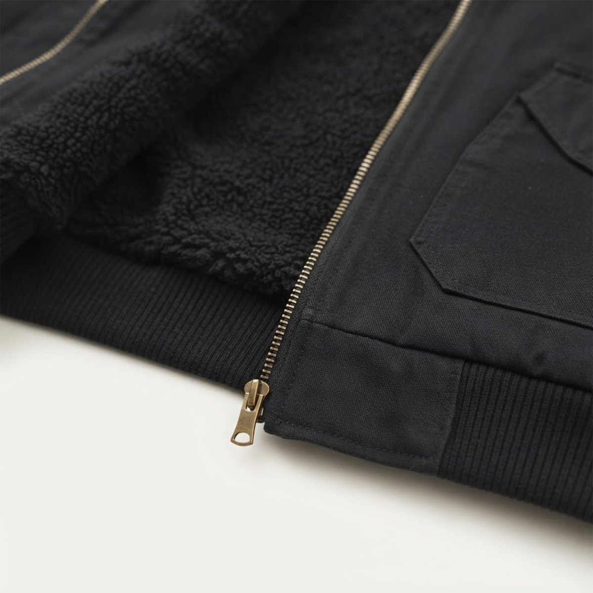 Men's sherpa-lined bomber jacket in black, front zipper and collar lining detail
