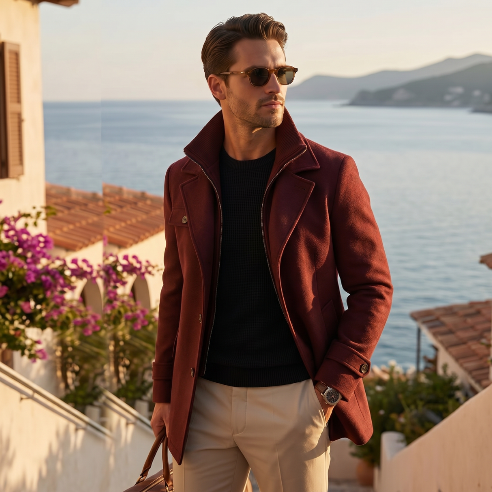 Burgundy wool-blend overcoat on model outdoors, lapel collar, front pockets, buttoned cuffs