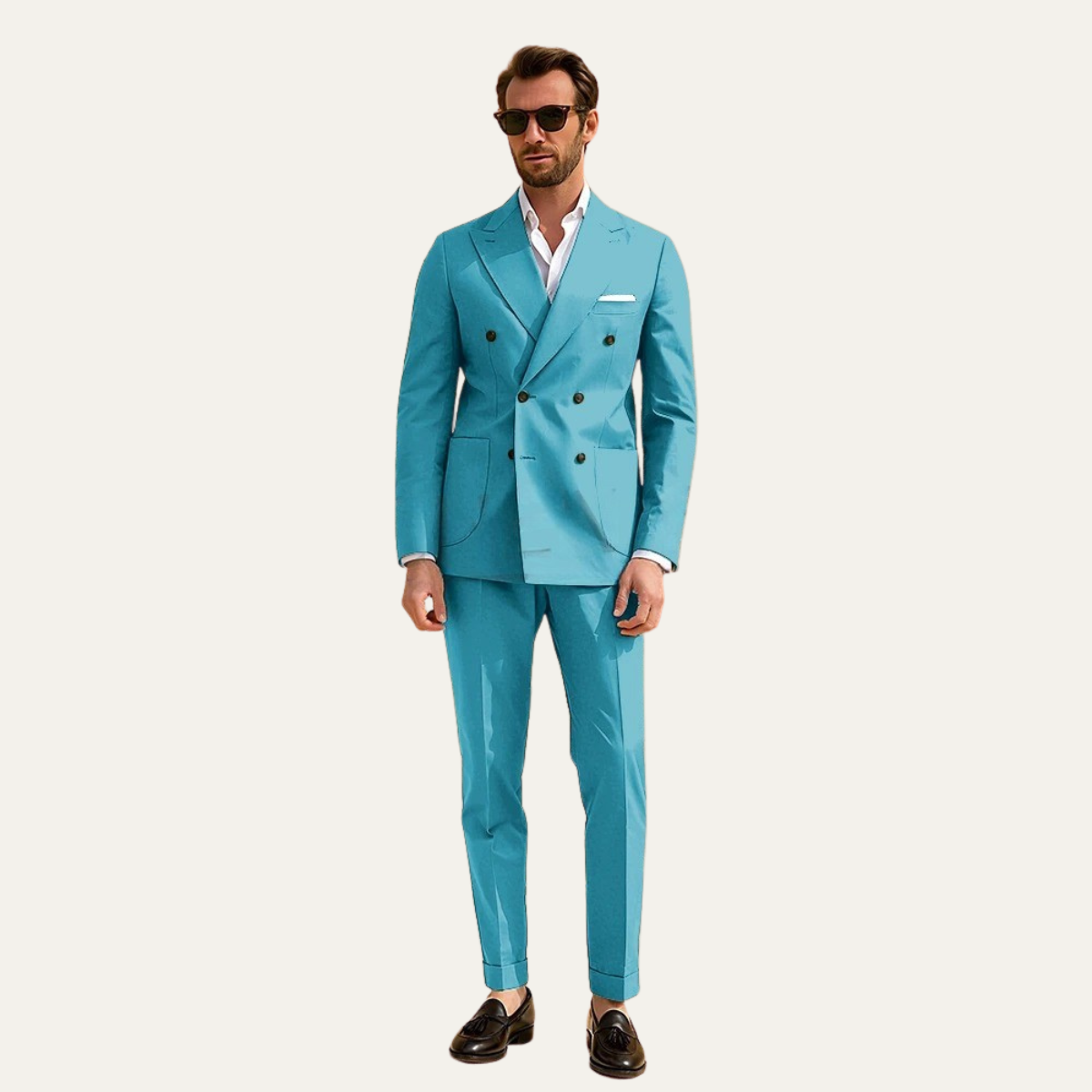 Men’s teal blue slim fit suit with blazer and flat-front slim trousers