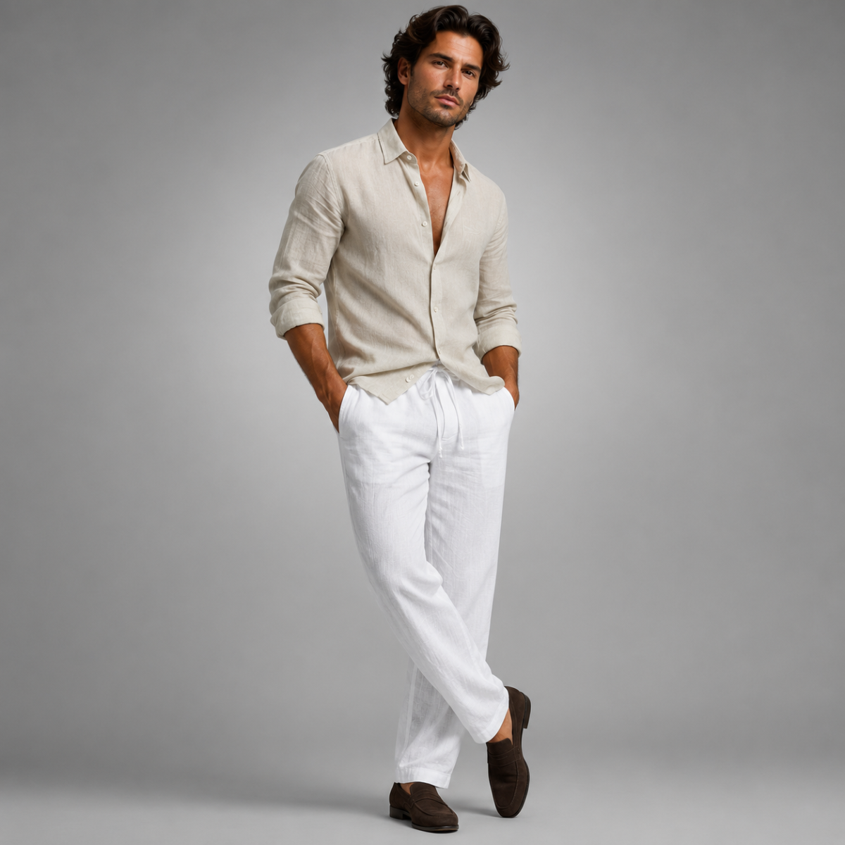Men's white linen loose-fit pants with elastic waistband and drawstring