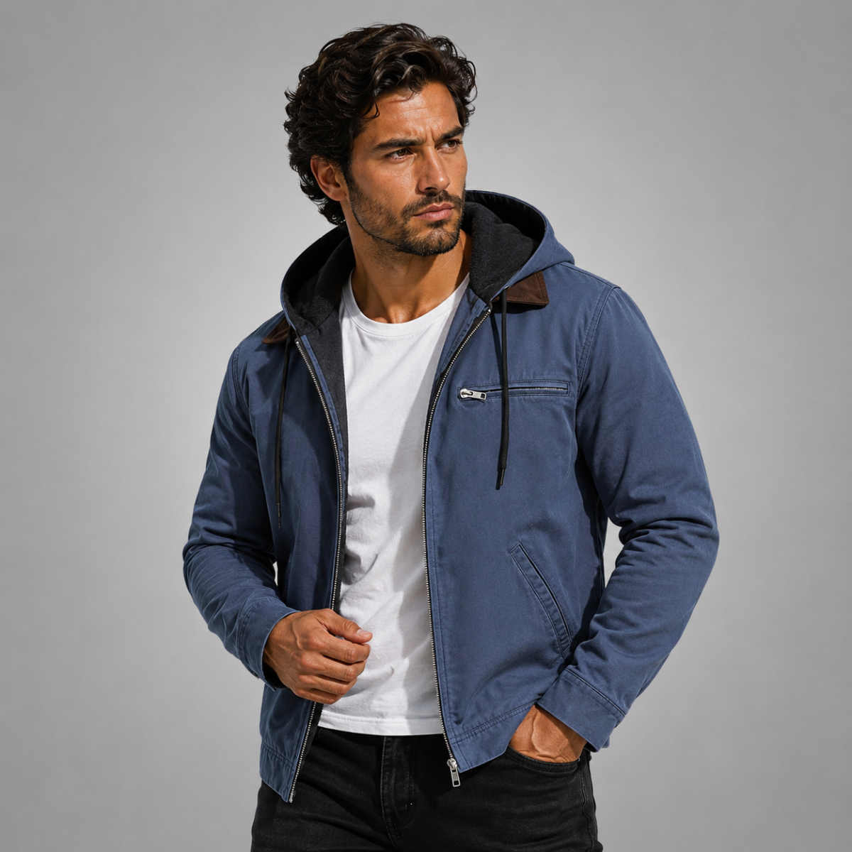 Men's hooded fleece-lined jacket in medium blue with zip front and chest pocket.