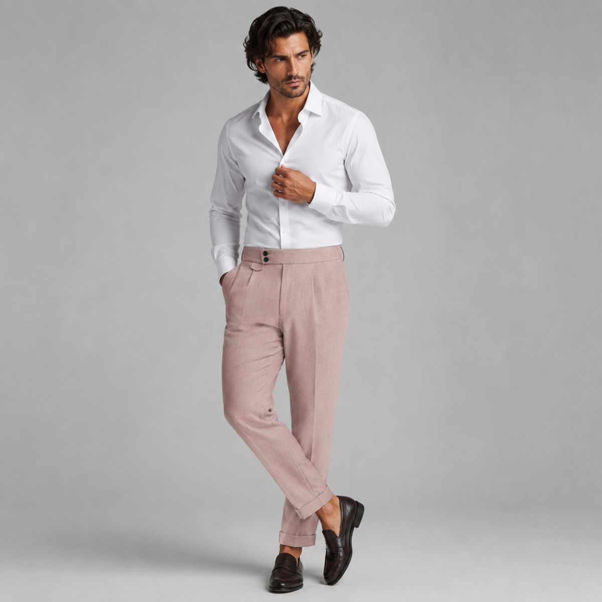 Men's high-waisted pleated dress pants in light pink, tailored straight leg