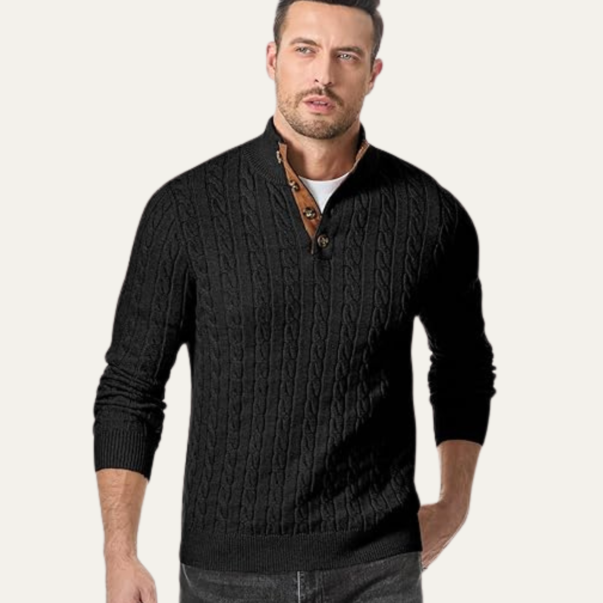 Men's black cable-knit collar stand sweater with button placket and ribbed cuffs