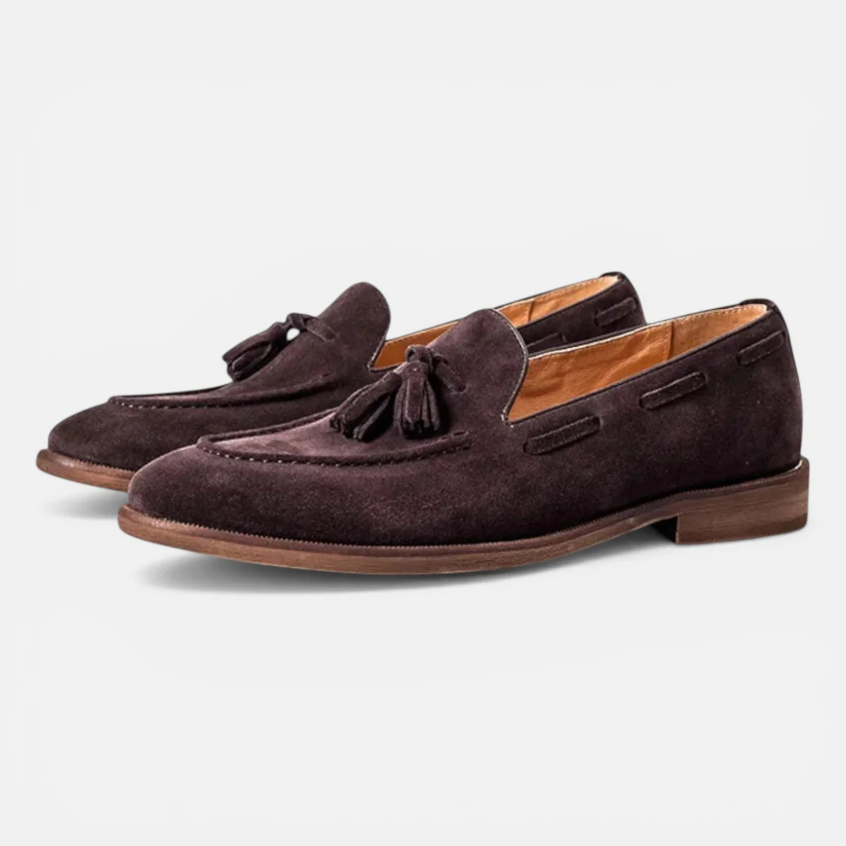 Pair of men's faux leather tassel loafers in dark brown with tassel detail